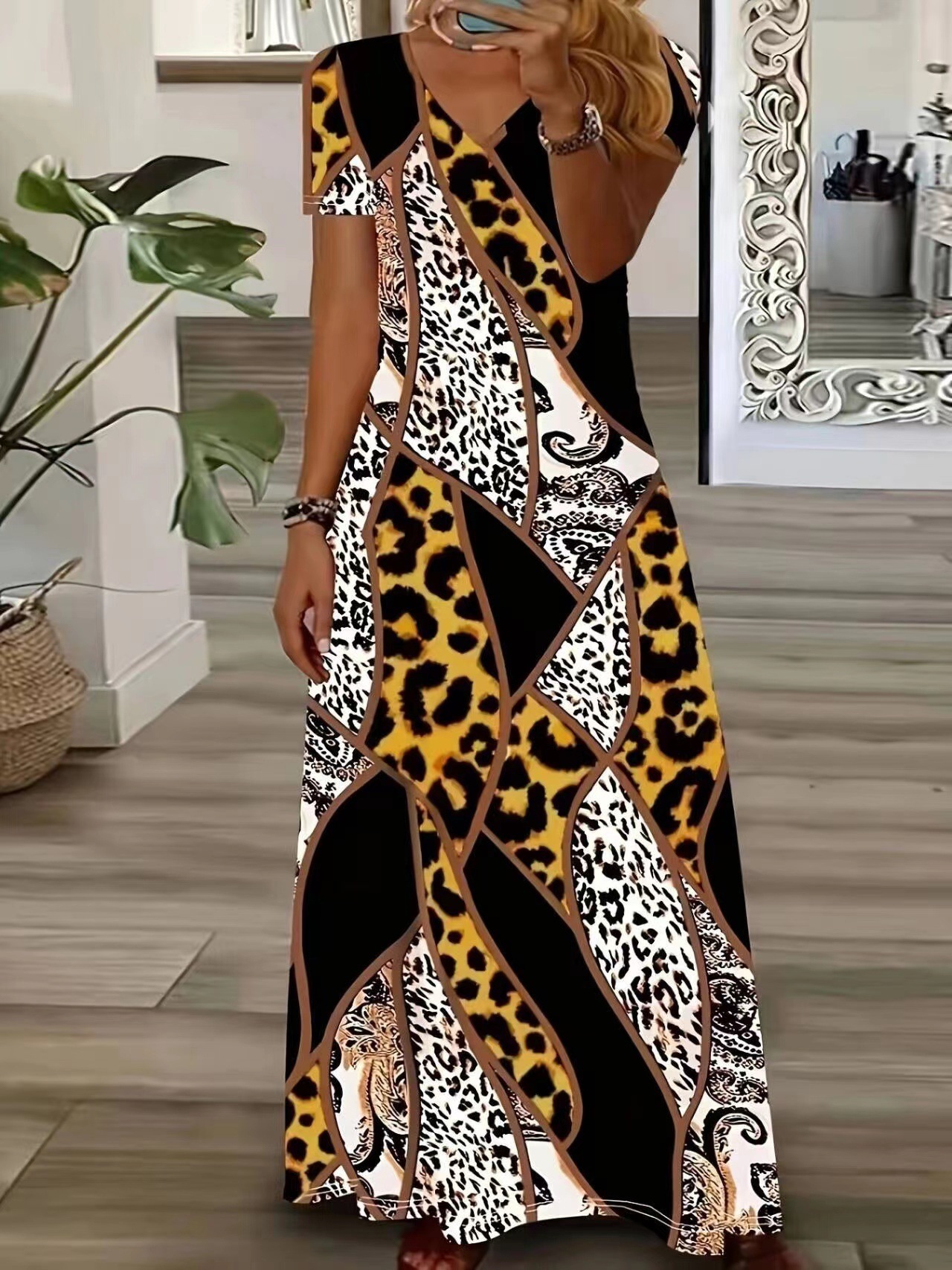 Leopard Zebra Print Patchwork V-Neck Short Sleeve Long Dress