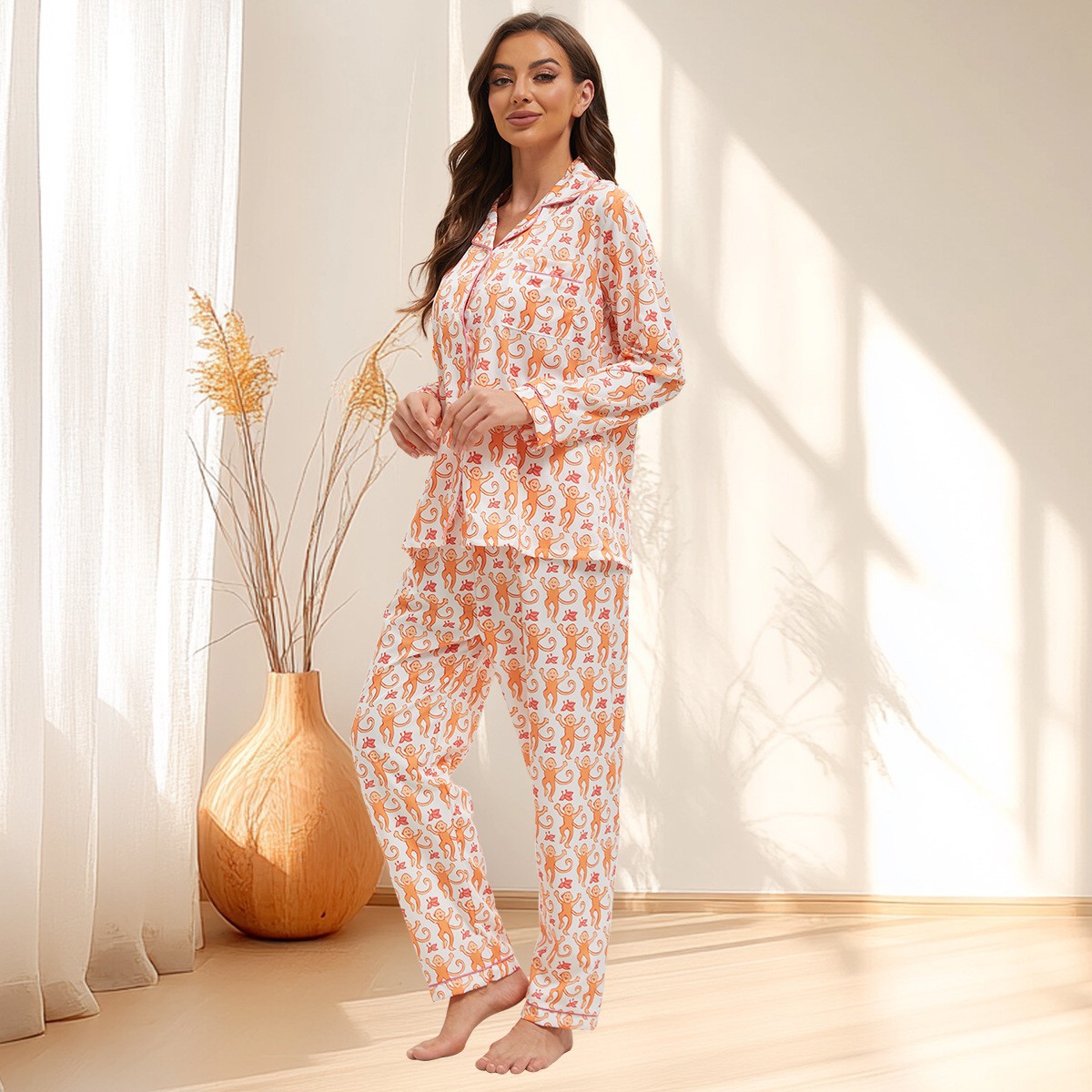 Cartoon Monkey Print Long Sleeve Pajama Set for Women