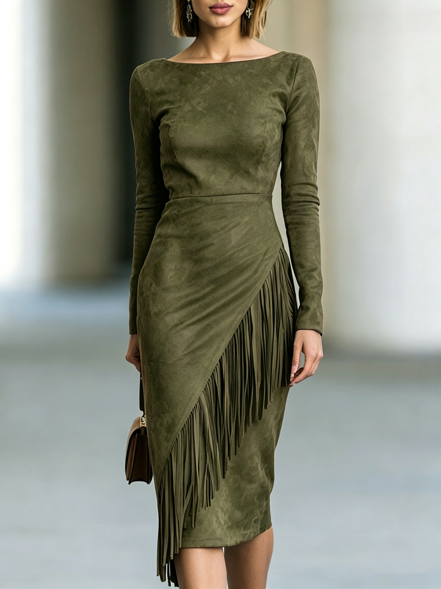 Bohemian Faux Suede Fringe Patchwork Long Dress