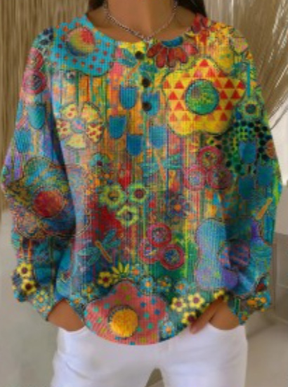 Women's Plaid Tree Floral Polka Dot Print Button Sweatshirt