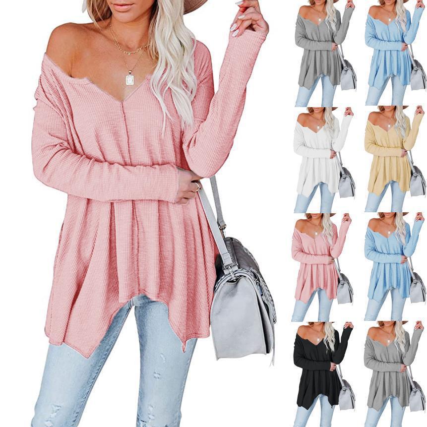 Women's Solid Color V-Neck Pullover Knit Top Long Sleeve Loose Fit