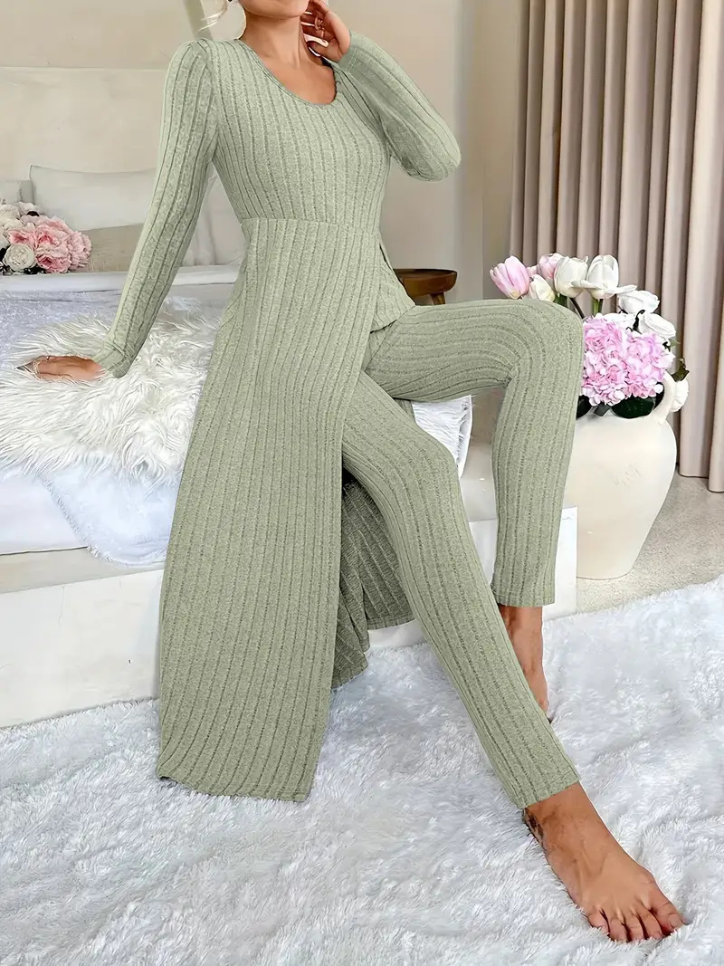Women's Two-Piece Set with Split Hem Long Sleeve Top