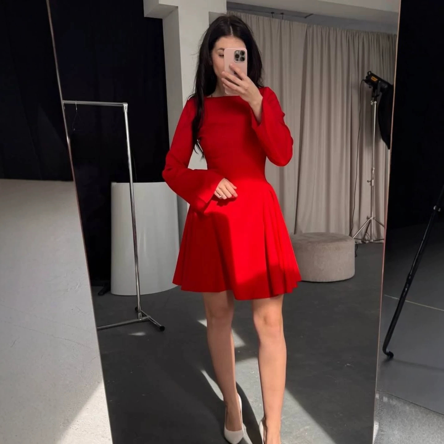 Elegant Long-Sleeve Short Dress with Boat Neck