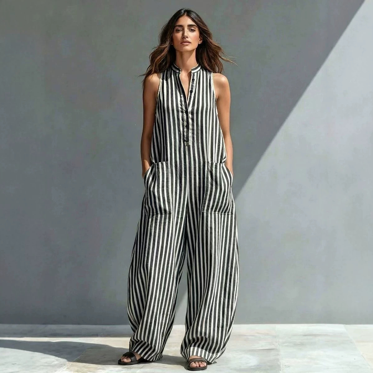 Summer Striped Print Sleeveless Wide-Leg Jumpsuit