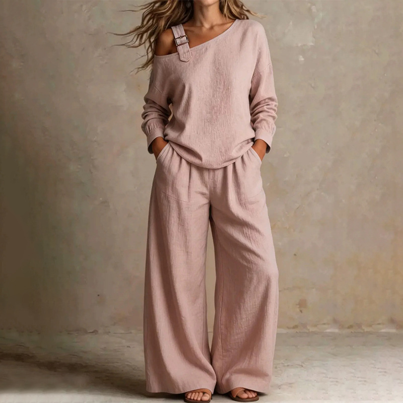 Women's Casual Solid Color One-Shoulder Two-Piece Set