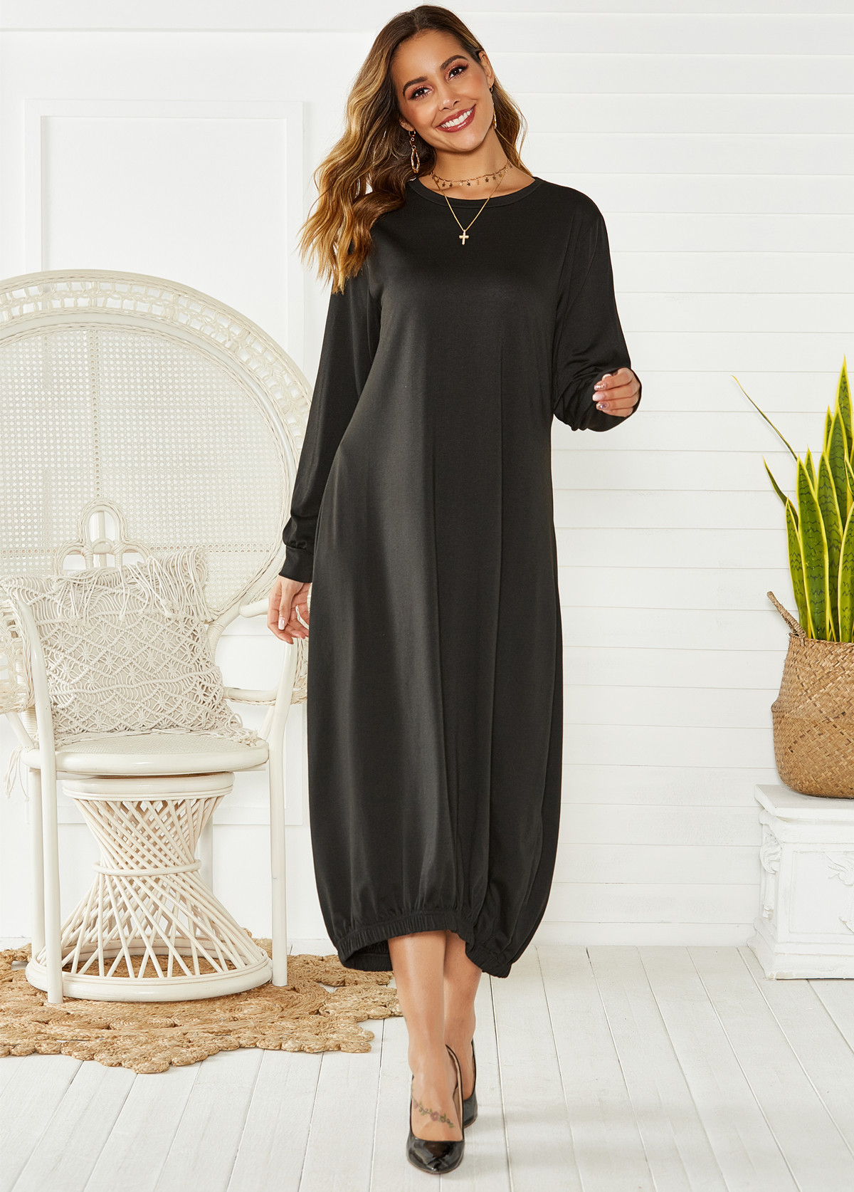 Women's Loose Fit Long Sleeve Round Neck Pullover Dress with Drawstring Hem
