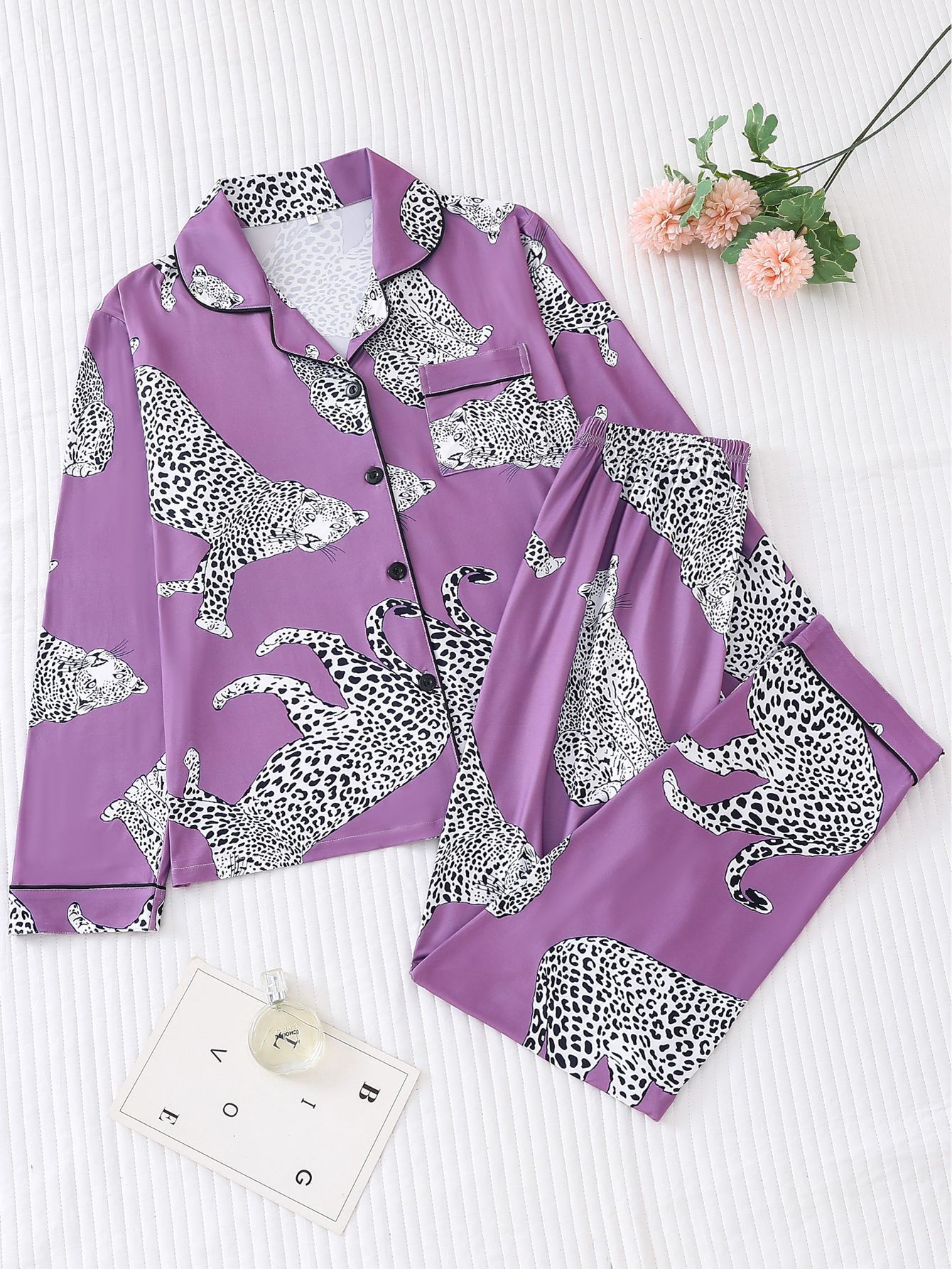 Women's Cuban Collar Leopard Print Long Sleeve Lounge Set