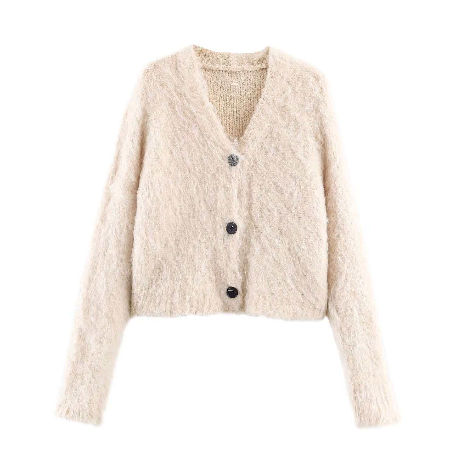 Fuzzy V-Neck Knit Cardigan Sweater