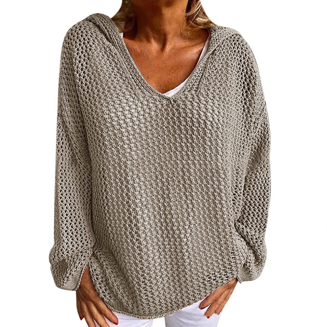 Hooded Open-Knit Long-Sleeve Sweater, Khaki, Loose Fit