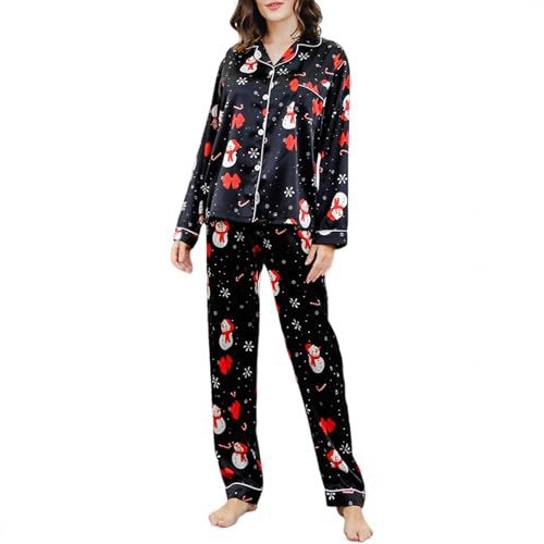 Women's Cuban Collar Christmas Print Long Sleeve Shirt Set