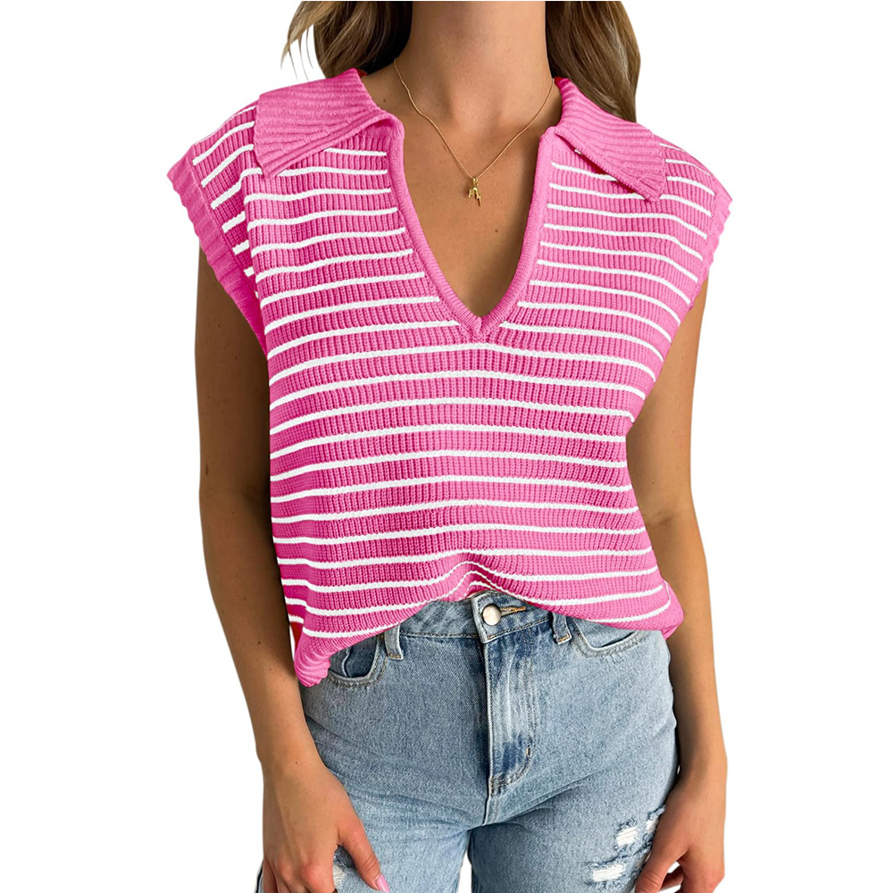 V-Neck Striped Knit Top with Collar