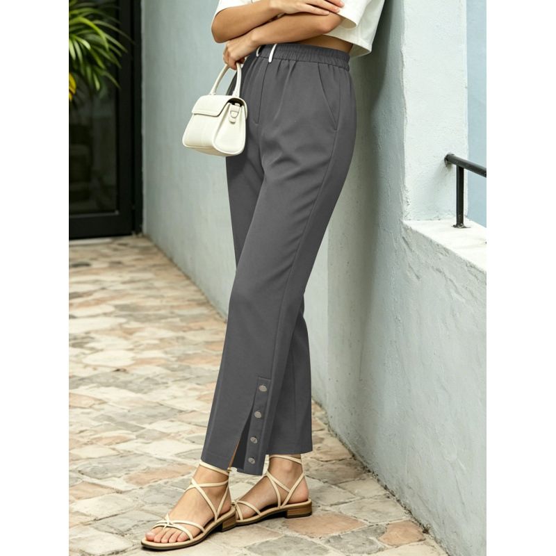 Women's Plus Size Cropped Straight Leg Dress Pants with Split Hem and Button Detail