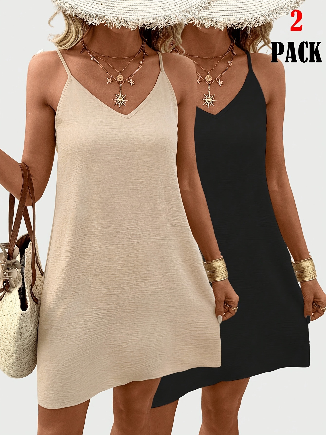 Women's Sleeveless Cami Dress Two-Piece Set Solid A-Line Midi