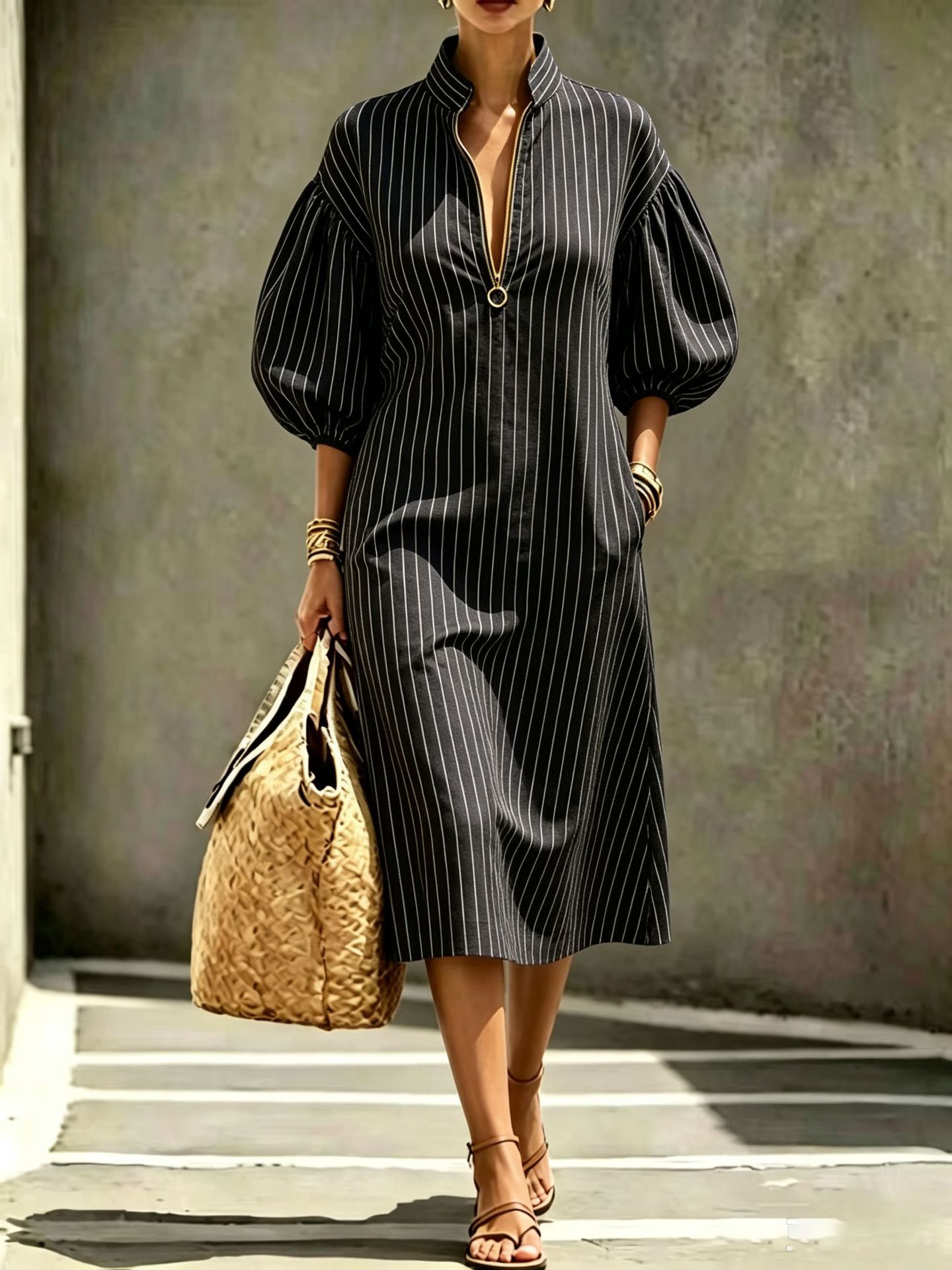 Women's Casual Loose Stand Collar Puff Sleeve Half-Zip Midi Dress