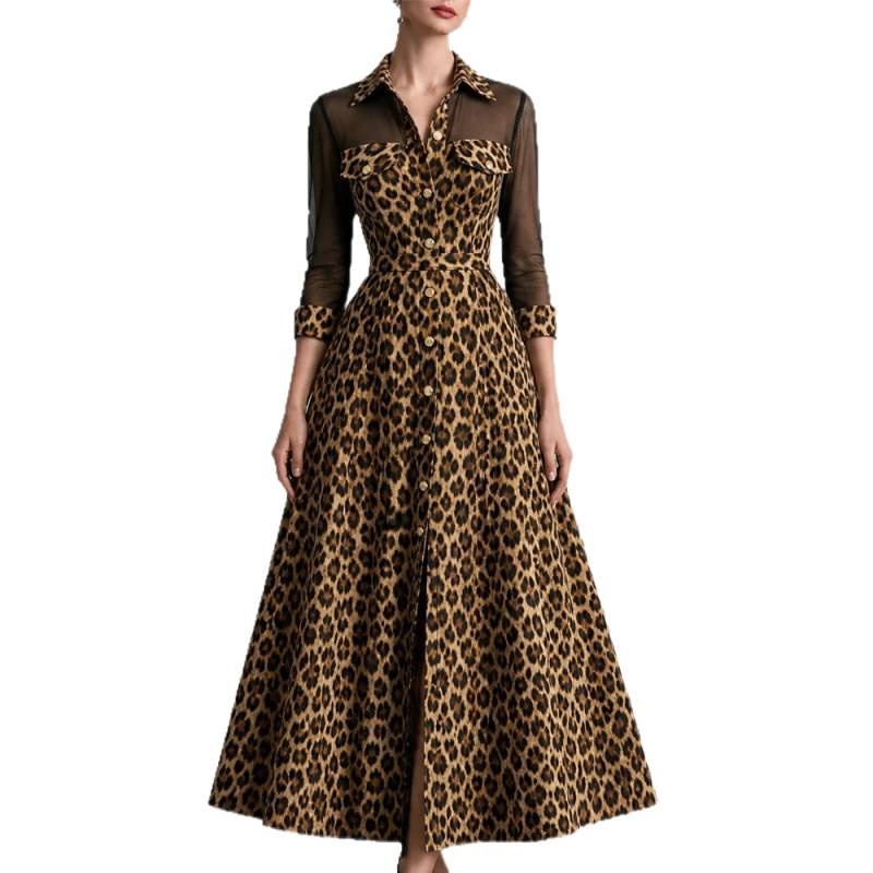 Leopard Print Collared Long Sleeve A-Line Maxi Dress