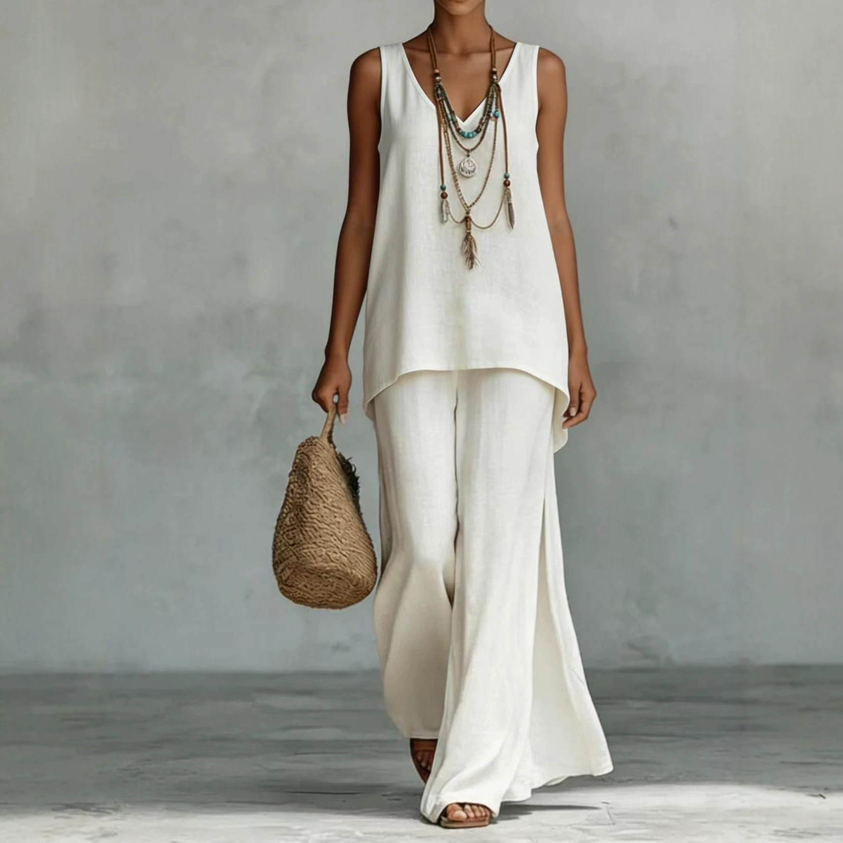 Women's Sleeveless V-Neck Top and Wide-Leg Pants Set Solid Color