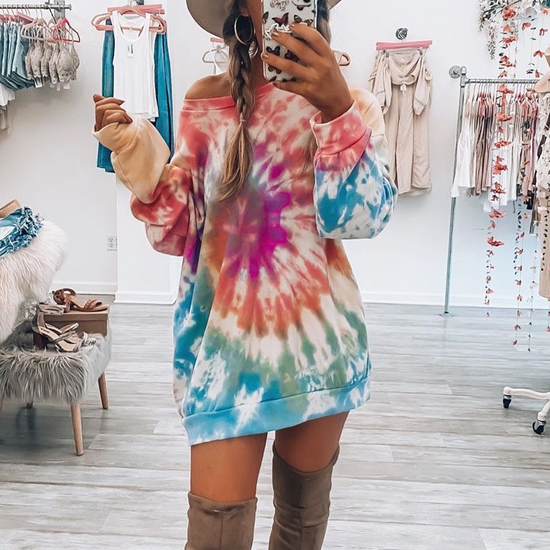 Bohemian Tie-Dye Off-Shoulder Midi Dress Loose Long Sleeve Pullover