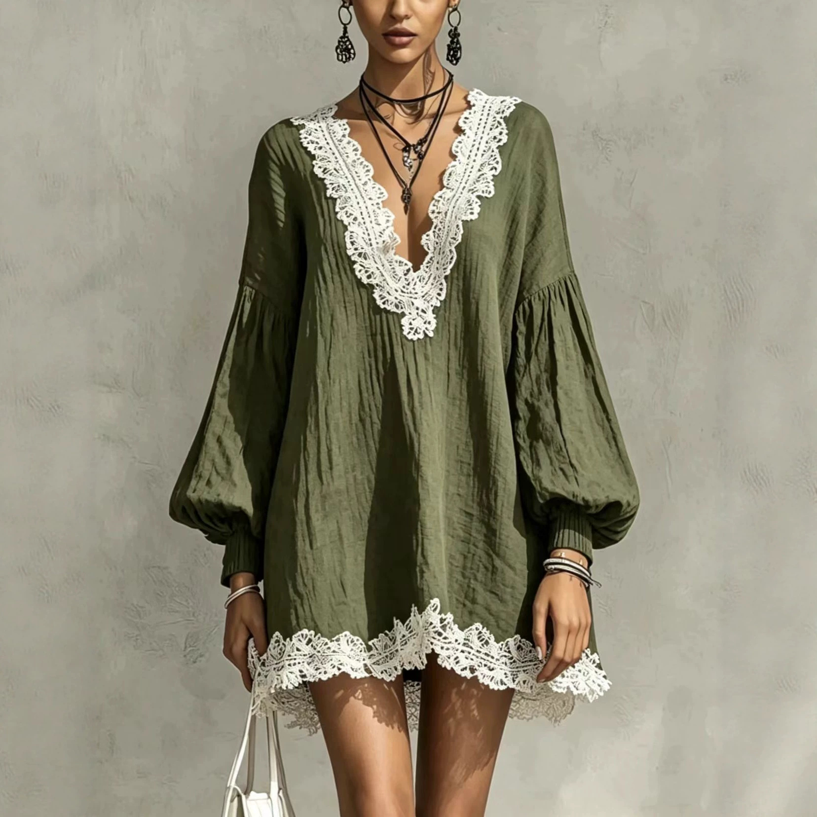 Color-Block V-Neck Lace Trim Lantern Sleeve Loose Dress