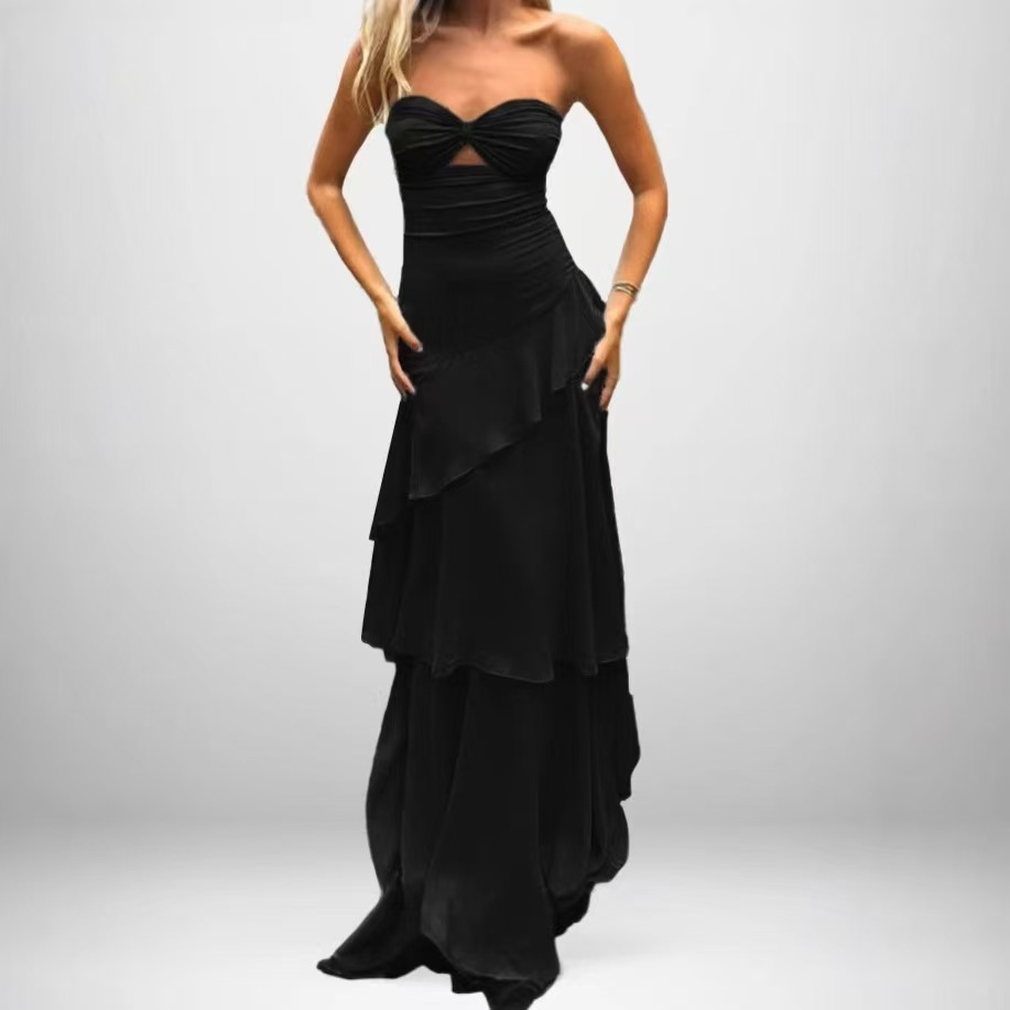 Solid Mesh Panel Open Back Twist Tie Bandeau Dress