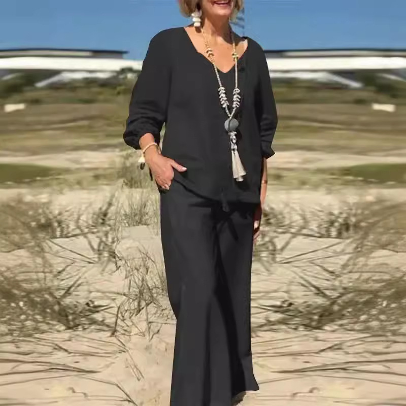 Women's Cotton-Linen Two-Piece Set Solid Color Loose Casual Long Pants