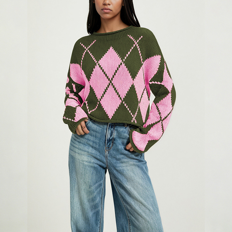 Women's Color-Block Diamond Knit Sweater, Loose Crewneck Pullover