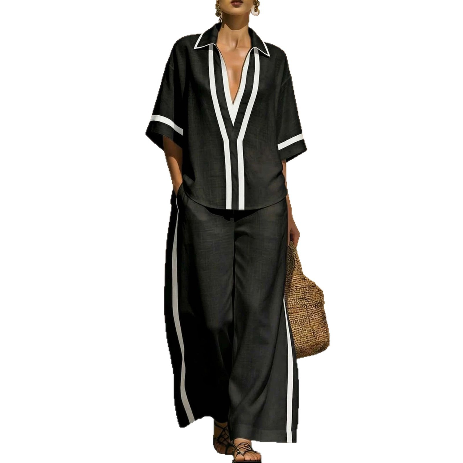 V-Neck Colorblock Shirt & Pants Set
