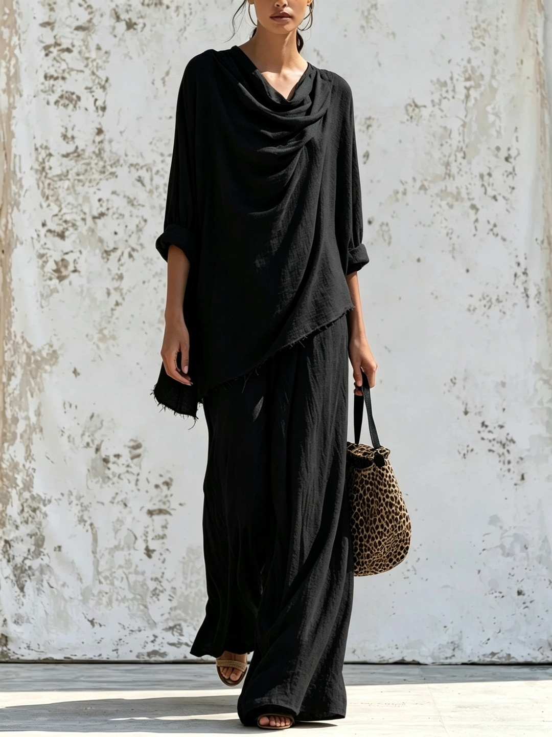 Women's Long Sleeve Frayed Trim Top & Wide Leg Pants Casual Set