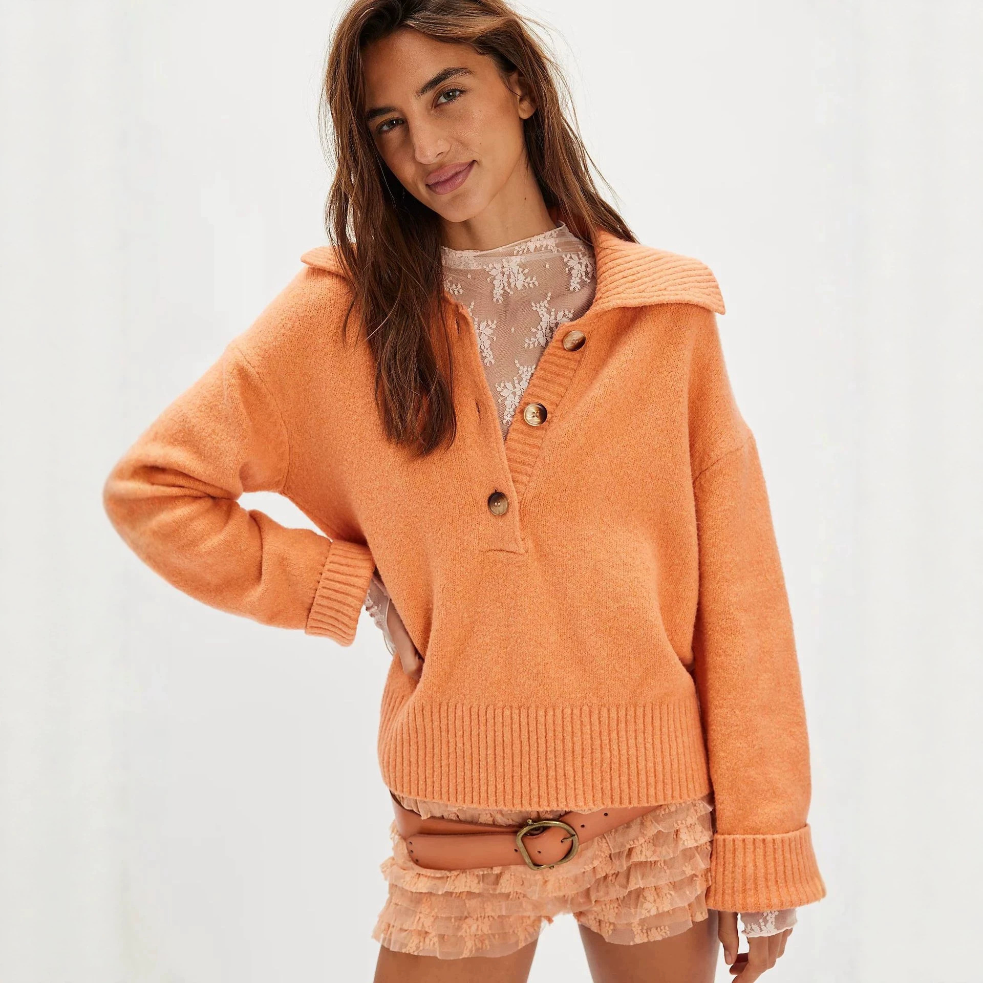 Women's Twist-Button V-Neck Knit Sweater