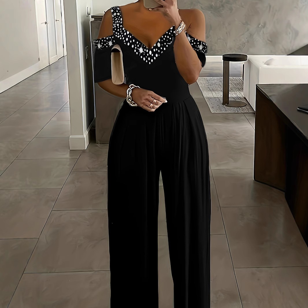 Rhinestone V-Neck Off-Shoulder Jumpsuit with Wide Leg