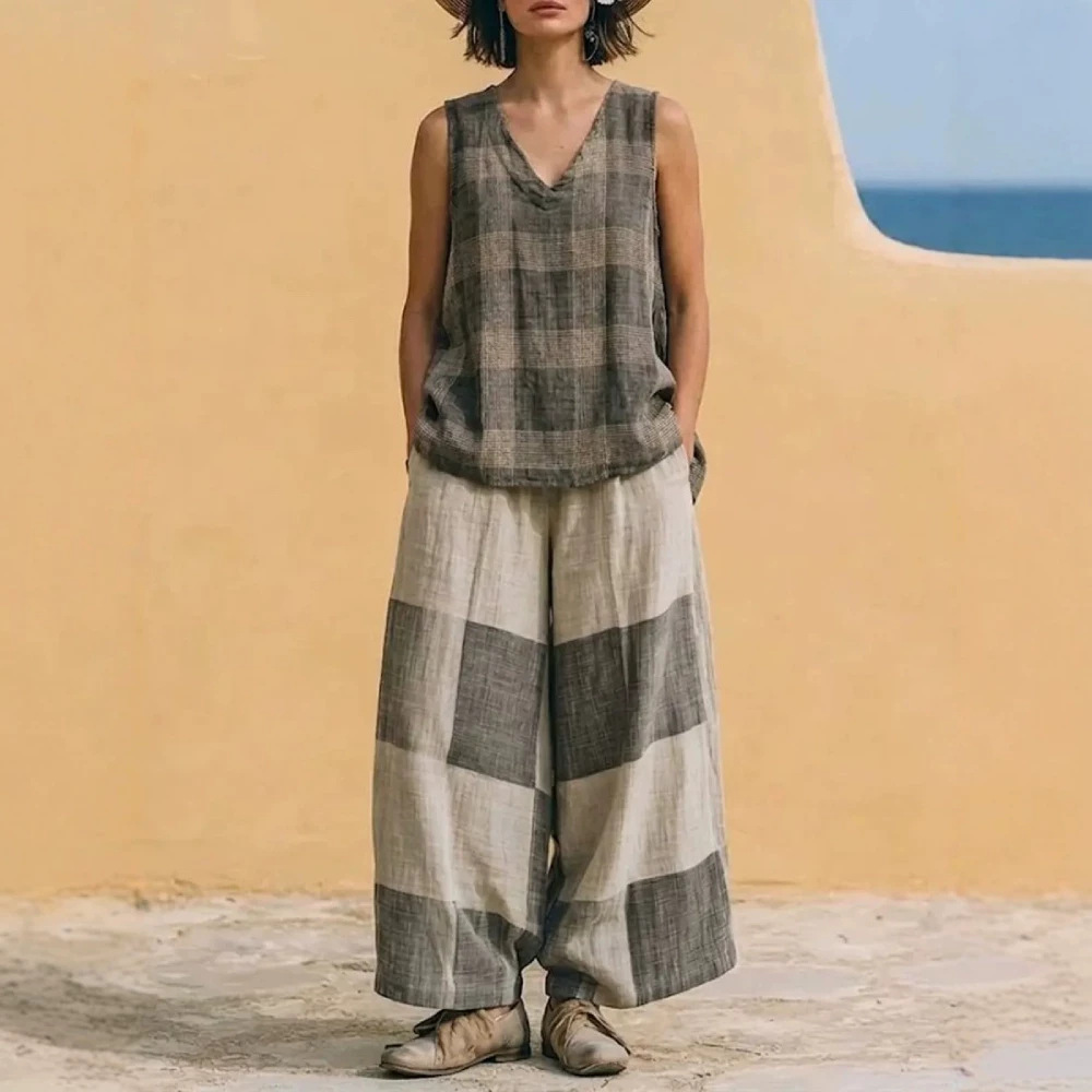 Women's Plaid Sleeveless Top and Wide-Leg Pants Two-Piece Set