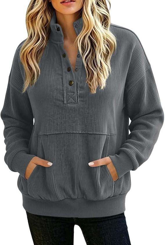 Solid Color Button-Front Long-Sleeve Hoodie with Pockets