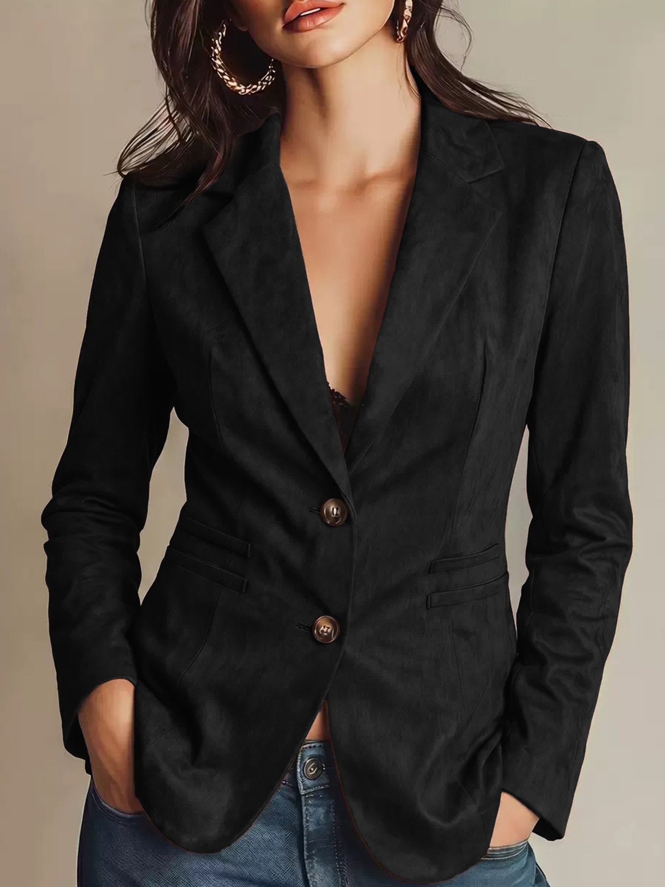 Women's Faux Suede Single-Breasted Jacket Elegant Vintage Blazer Coat