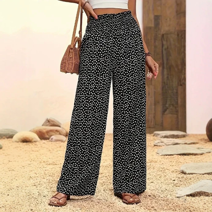 Boho Wide-Leg Pants with Polka Dot Print and Elastic Waist