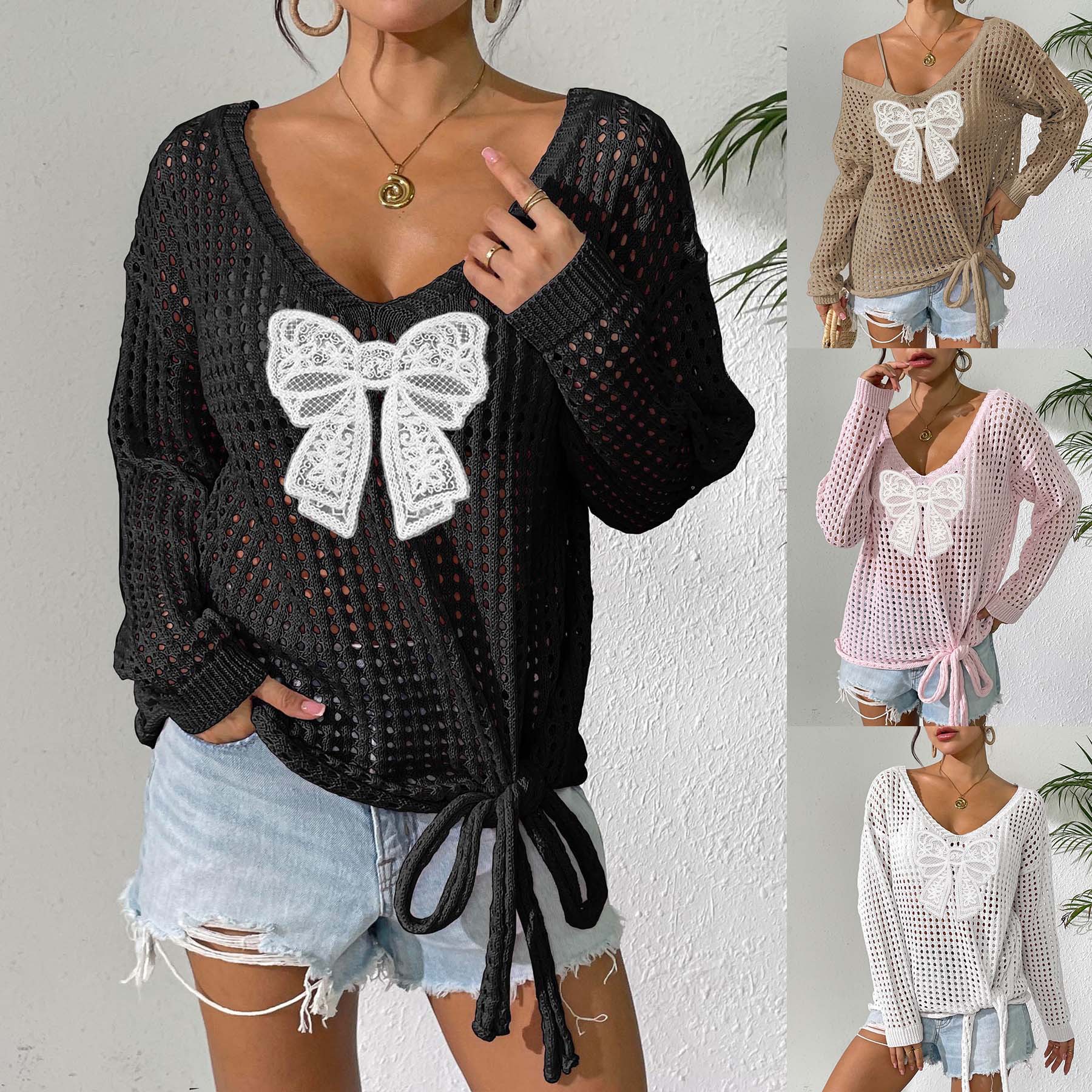 Women's Open-Knit Butterfly Pullover Sweater with Tie Detail