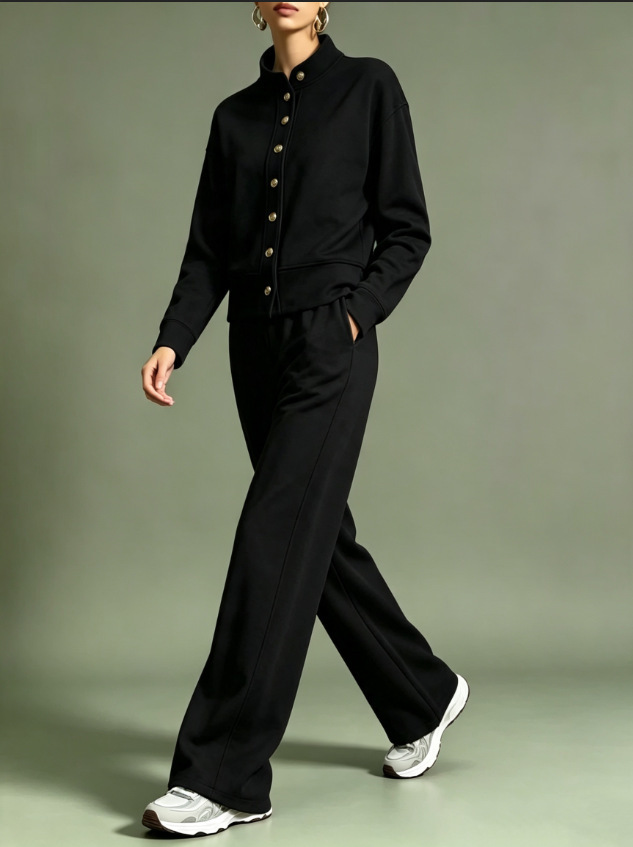 Women's Solid Color Stand Collar Cardigan Hoodie & Wide-Leg Pants Set