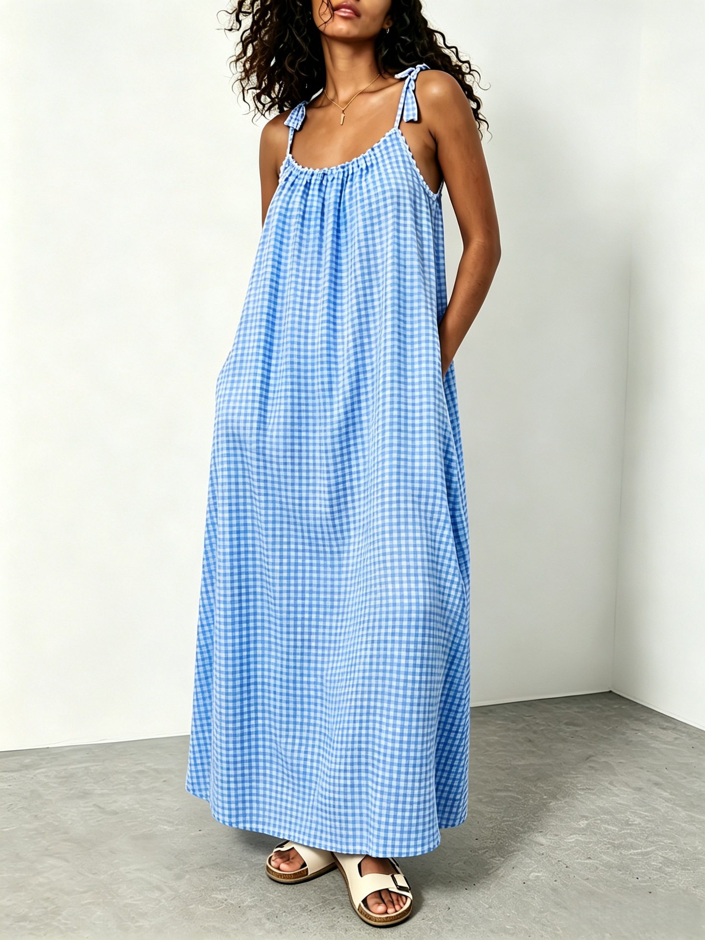 Women's Summer Sleeveless Plaid Maxi Dress Casual Loose Fit