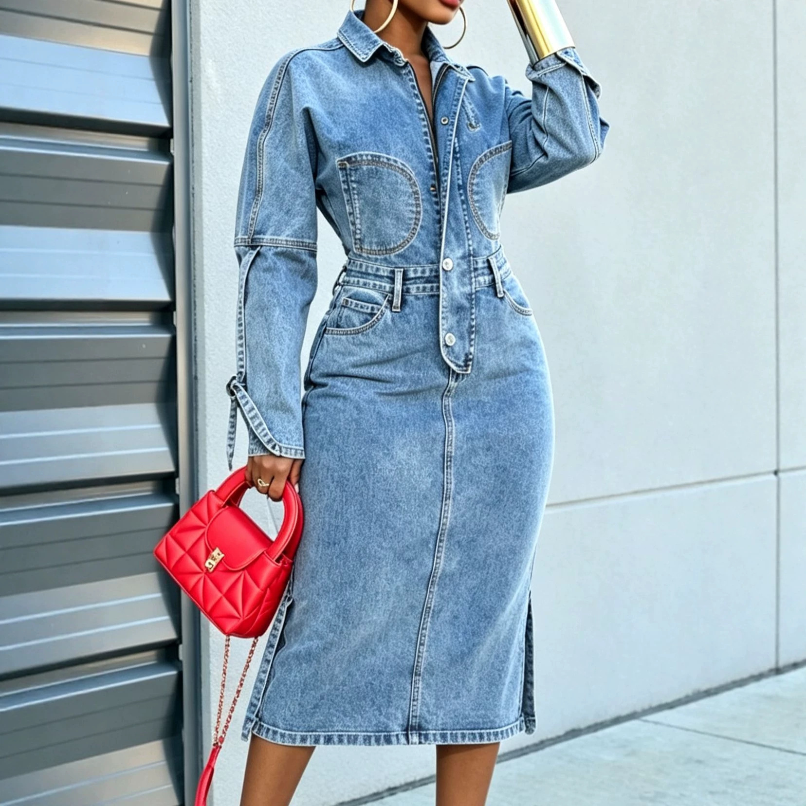 Women's Loose Denim Maxi Dress High Waist A-Line Polo Neck Long Sleeve