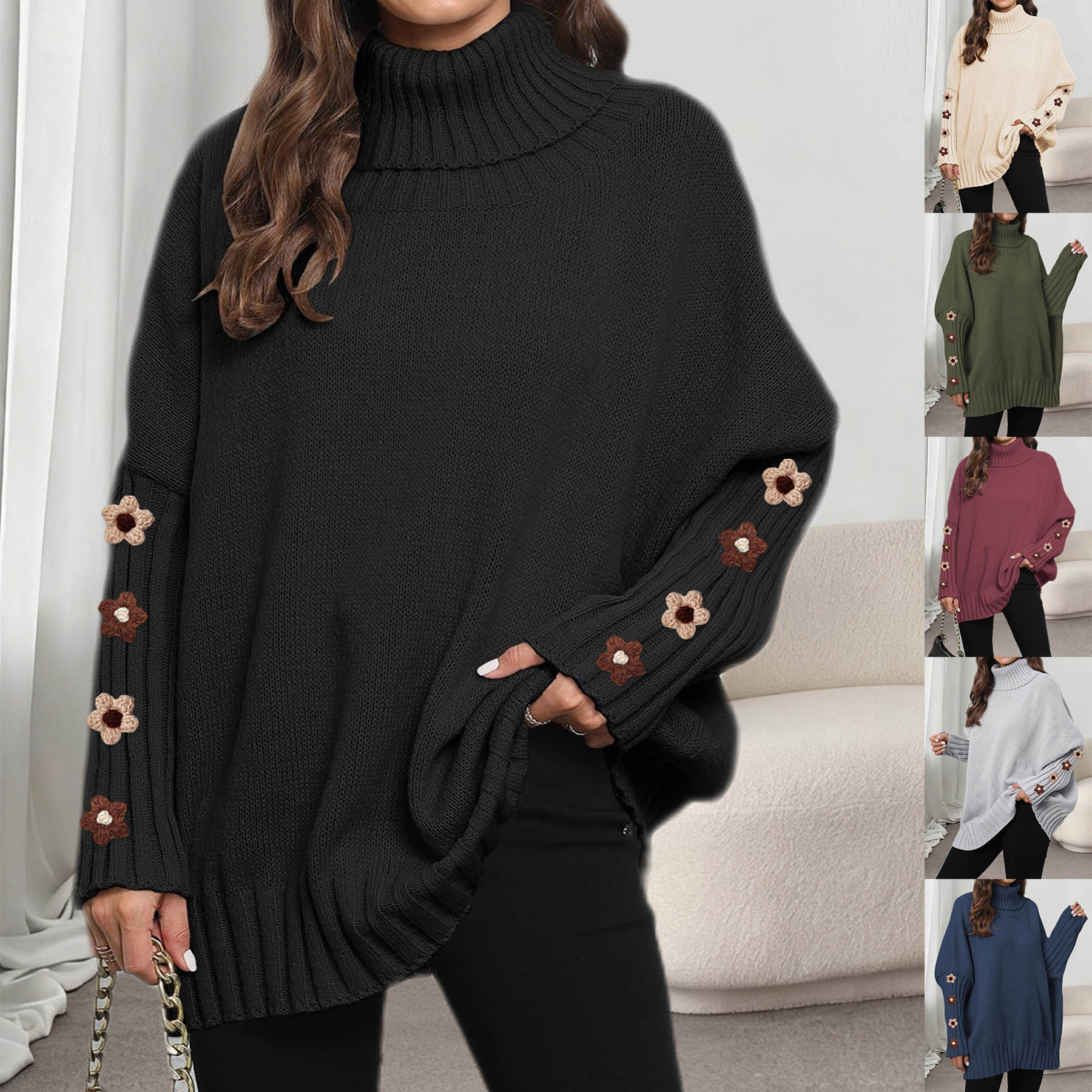 Women's Knit Turtleneck Sweater Solid Color Loose Fit Pullover Top
