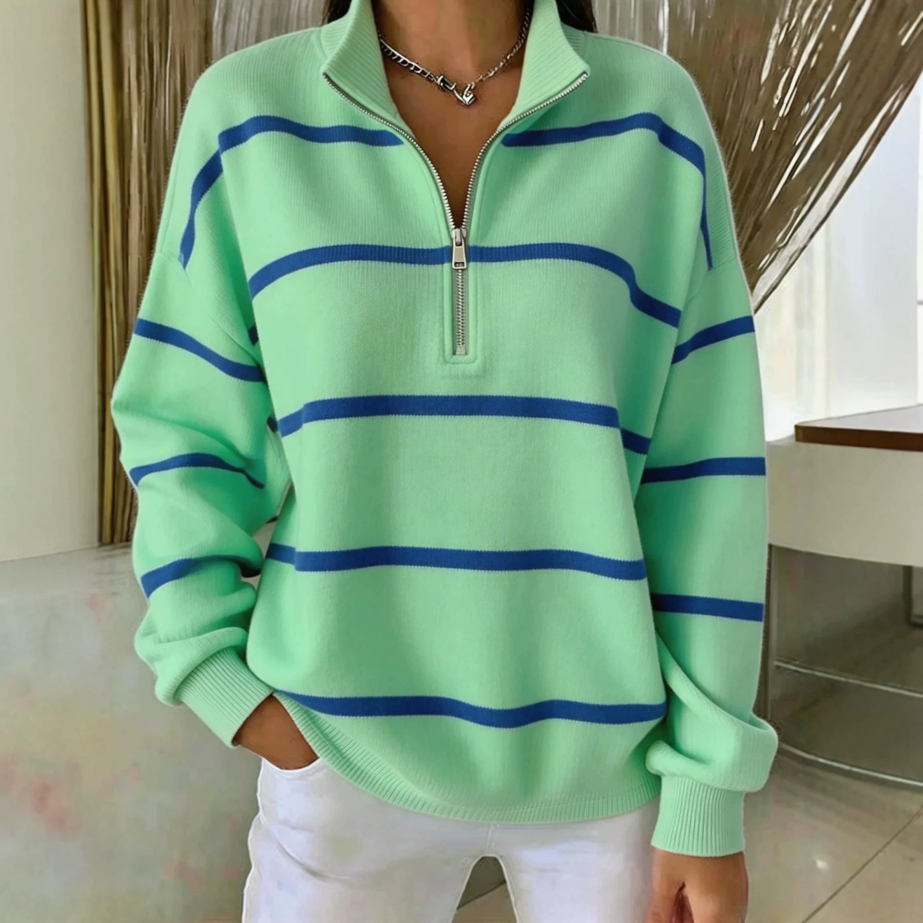 Striped Print Half-Zip Stand Collar Hoodie