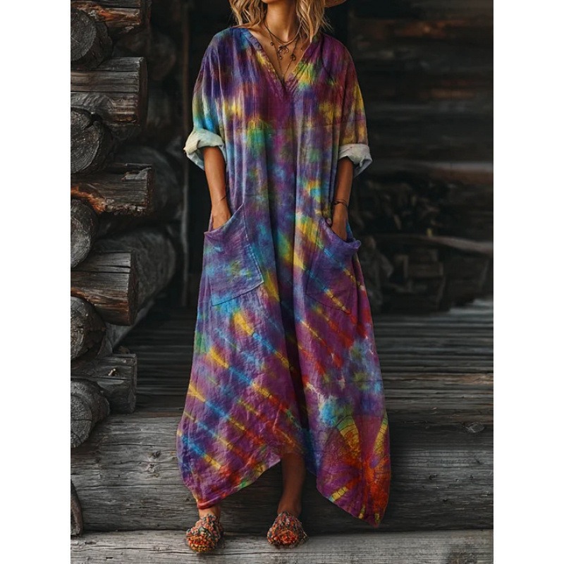 Women's Floral Ripple Print V-Neck A-Line Midi Dress Long Sleeve