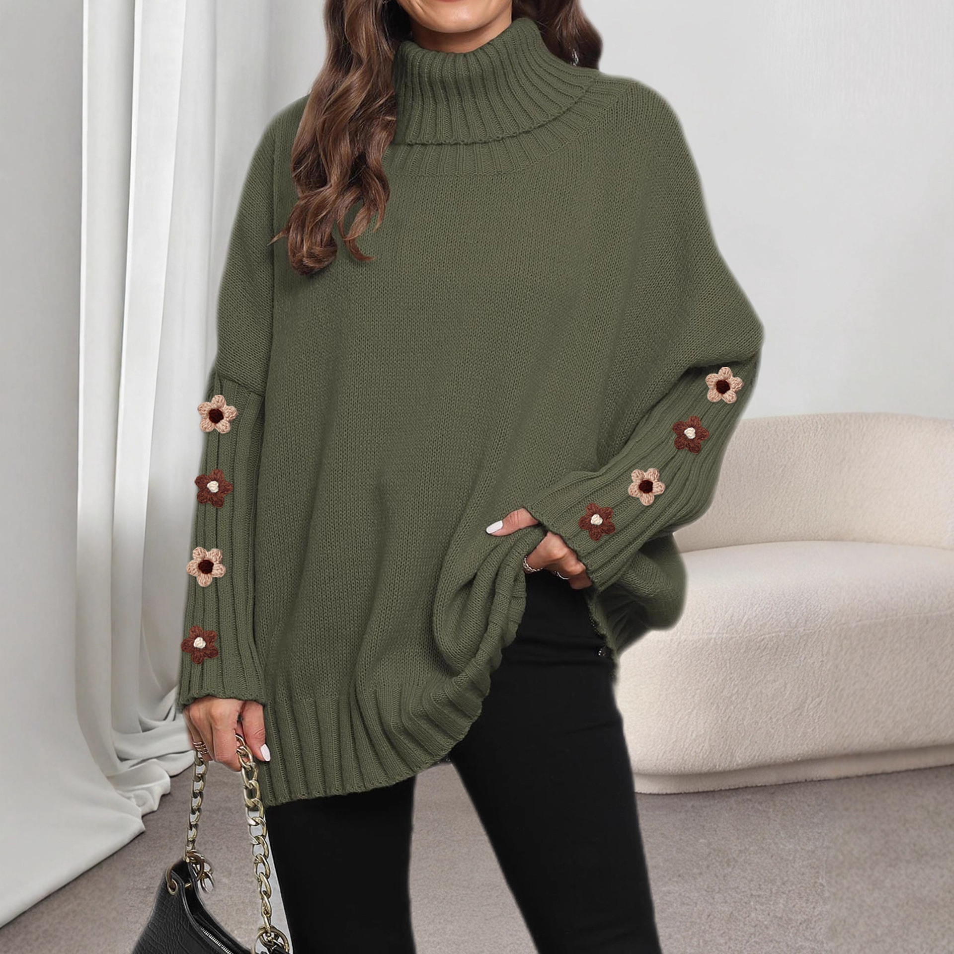Women's Knit Turtleneck Sweater Solid Color Loose Fit Pullover Top