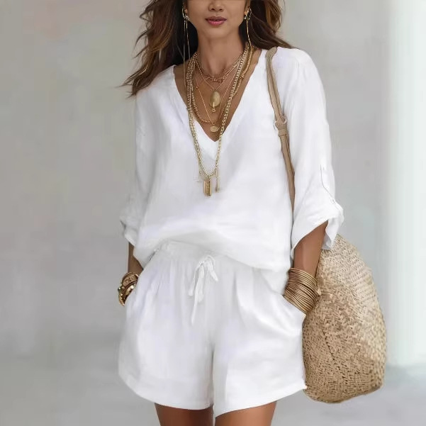 Women's Tie-Front Shorts and Long-Sleeve Top Set Casual Minimalist