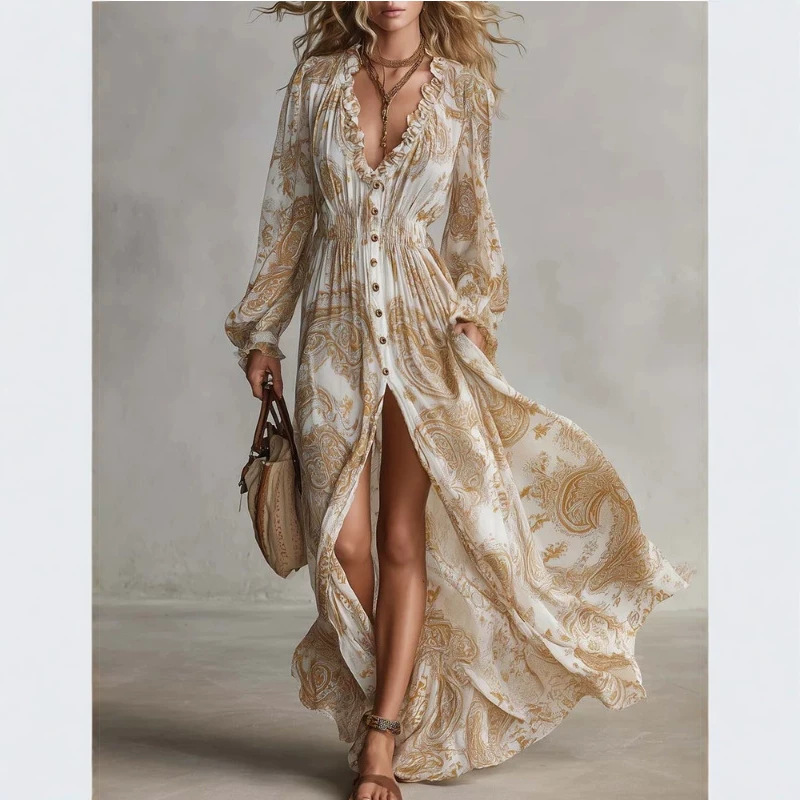 Bohemian Paisley Ruffle V-Neck Long Dress