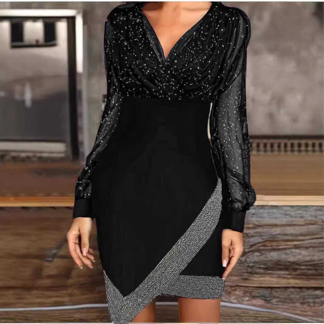 Mesh Sequin V-Neck Long Sleeve Bodycon Dress