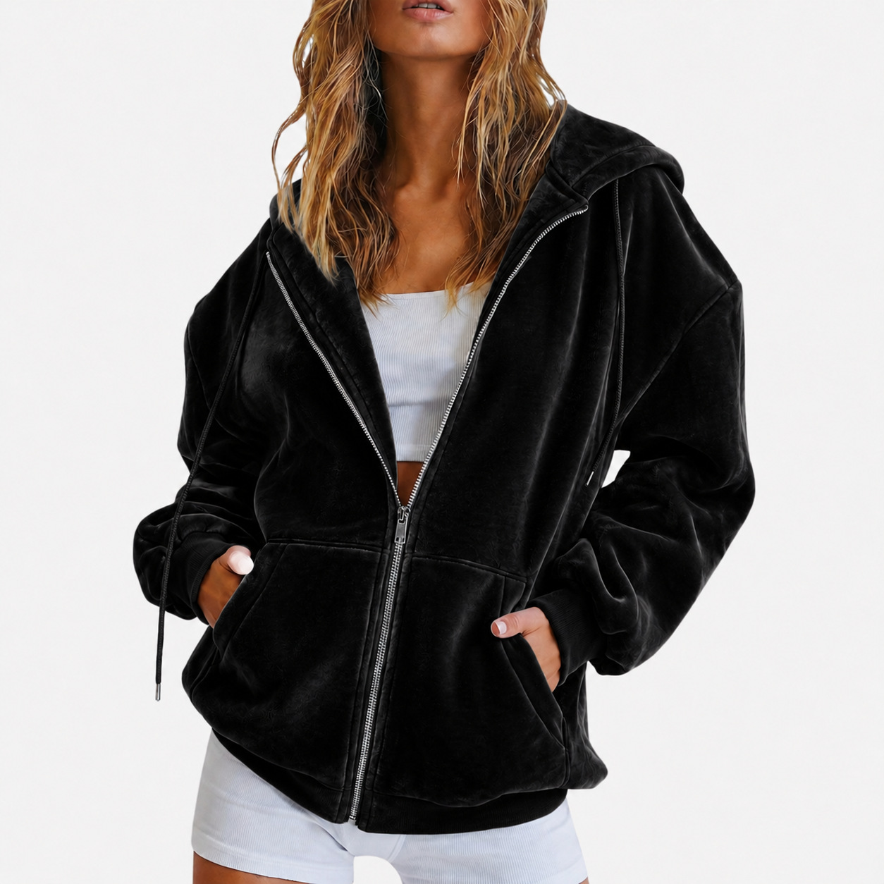 Velvet Zip-Up Hoodie Loose Fit Casual Jacket