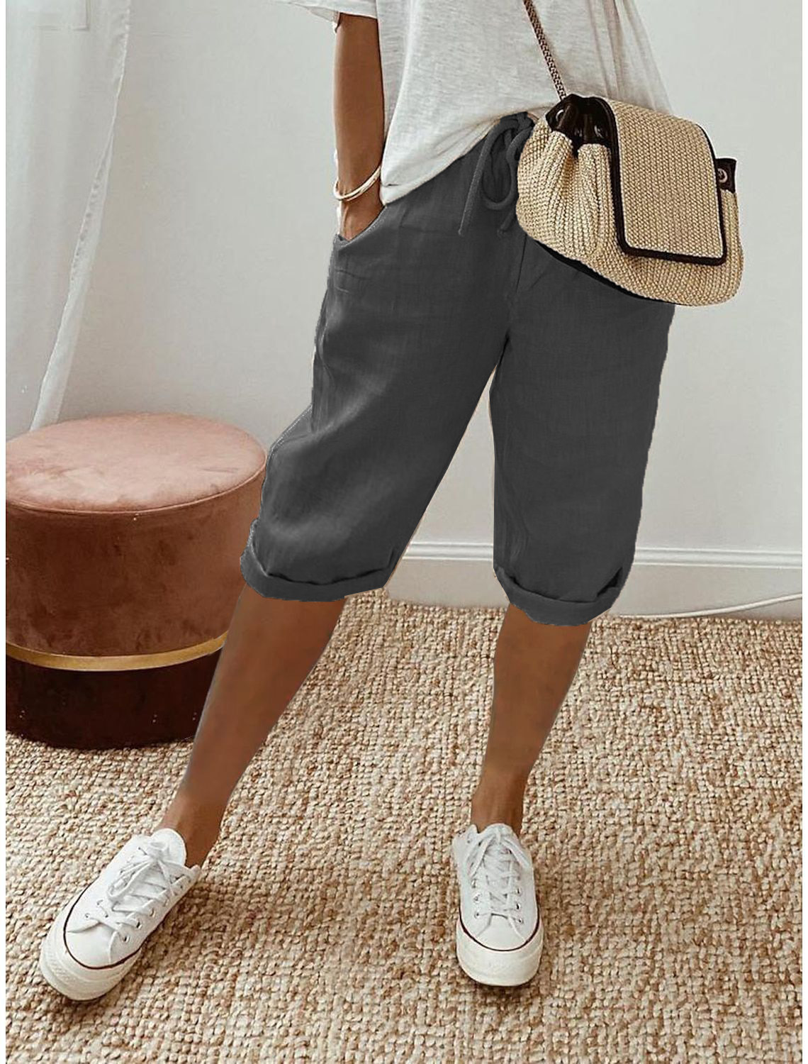 Women's Cotton-Linen Elastic Waist Casual Shorts with Pockets
