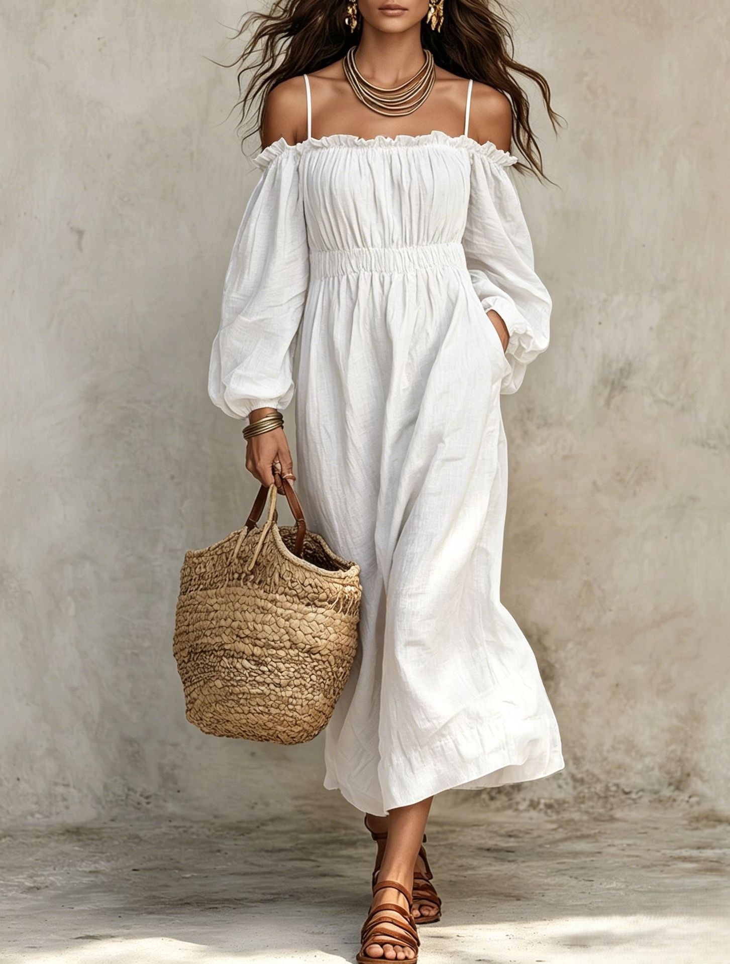 Cotton-Linen Off-Shoulder Pleated Maxi Dress