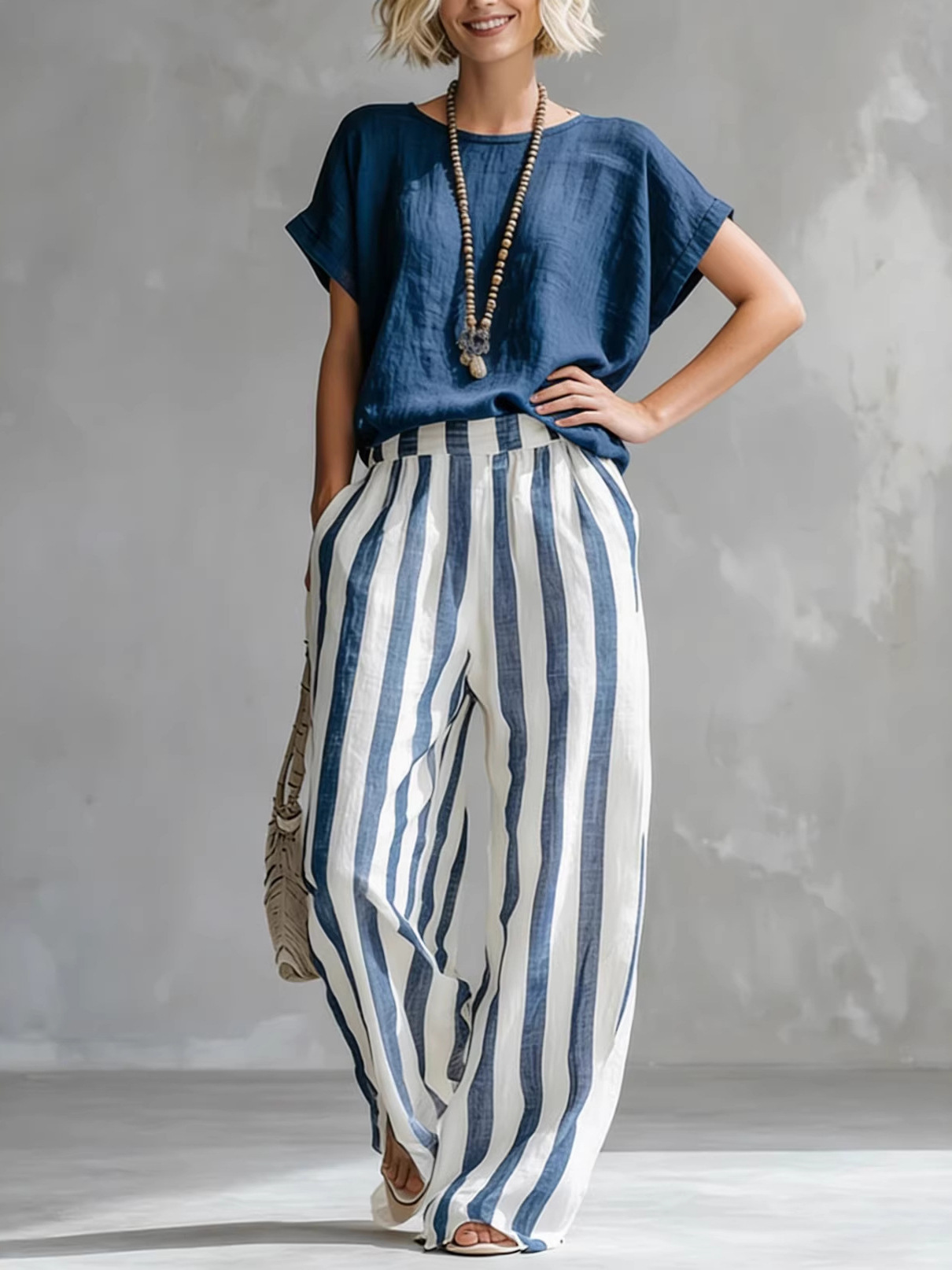 Striped Crewneck Top & Straight-Leg Pants Casual Set