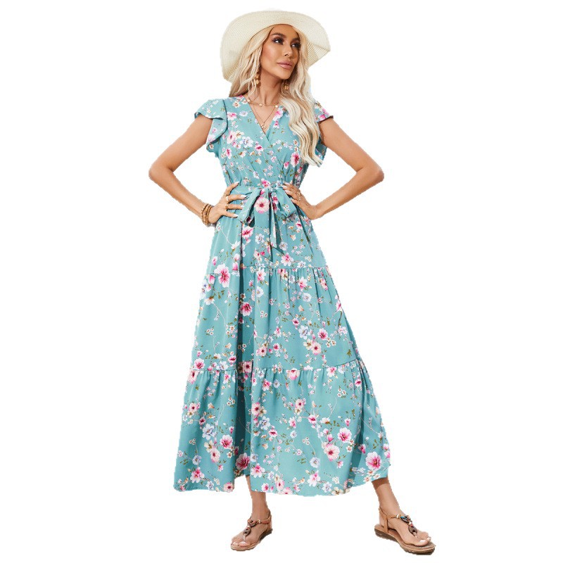 Floral Print V-Neck Tiered Midi Dress with Ruffle Sleeves