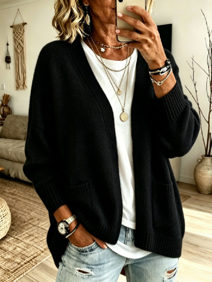 Soft Solid Color Cardigan Sweater Women's Loose Relaxed Knit Outerwear